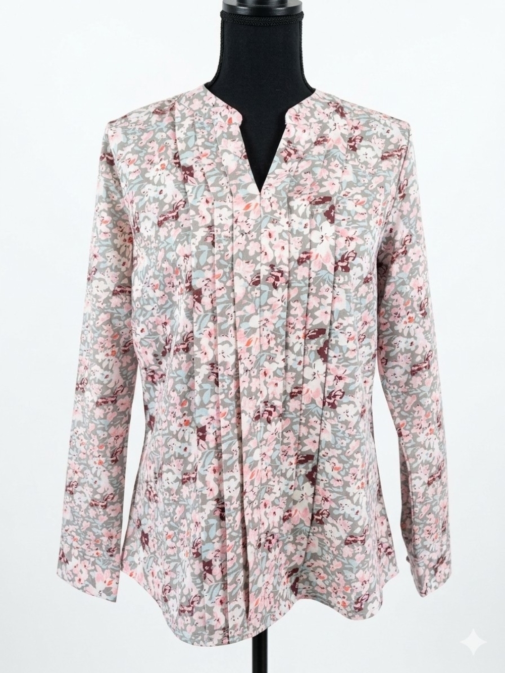 Pleated Floral Split-Neck Blouse in Pink